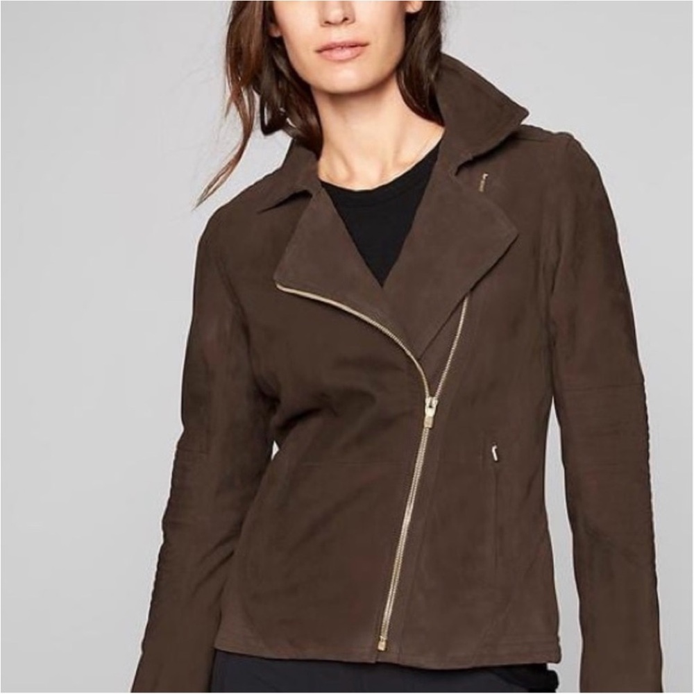 Like New Athleta Helena Suede Moto Jacket Dark Taupe size medium - Picture 11 of 12
